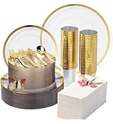 By Madee HEAVYWEIGHT 400 Pcs Clear and Gold Plastic Plates for Party 50 Guests | High End Disposa...