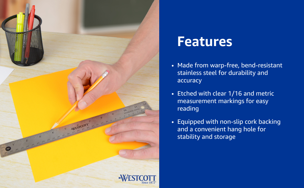 Westcott Stainless Steel Ruler Set with Non-Slip Cork Backing, for Crafting, Office, Classroom