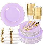 Liacere 350PCS Purple Plastic Plates - Disposable Lavender Plates 50guest Plastic Dinnerware incl...