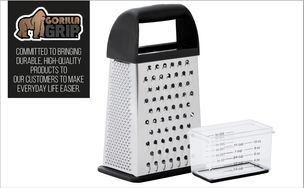 Gorilla Grip 4-Sided Stainless Steel Box Cheese Grater with handle, detachable container for cheese