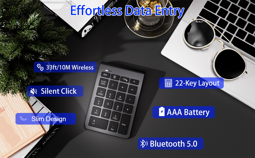 Text reads 'Effortless Daily Operation', 'Silent Click', '22-Key Layout', 'AAA Battery', 'Bluetooth 5.0'. Wireless numeric keypad shown on desk with laptop and mouse.