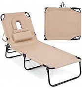 Goplus Tanning Chair, Folding Beach Lounge Chair with Face Hole, Removable Pillow, Carry Strap, P...