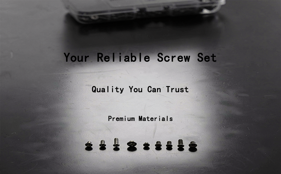 Silver screw assortment kit in a row on dark desk.