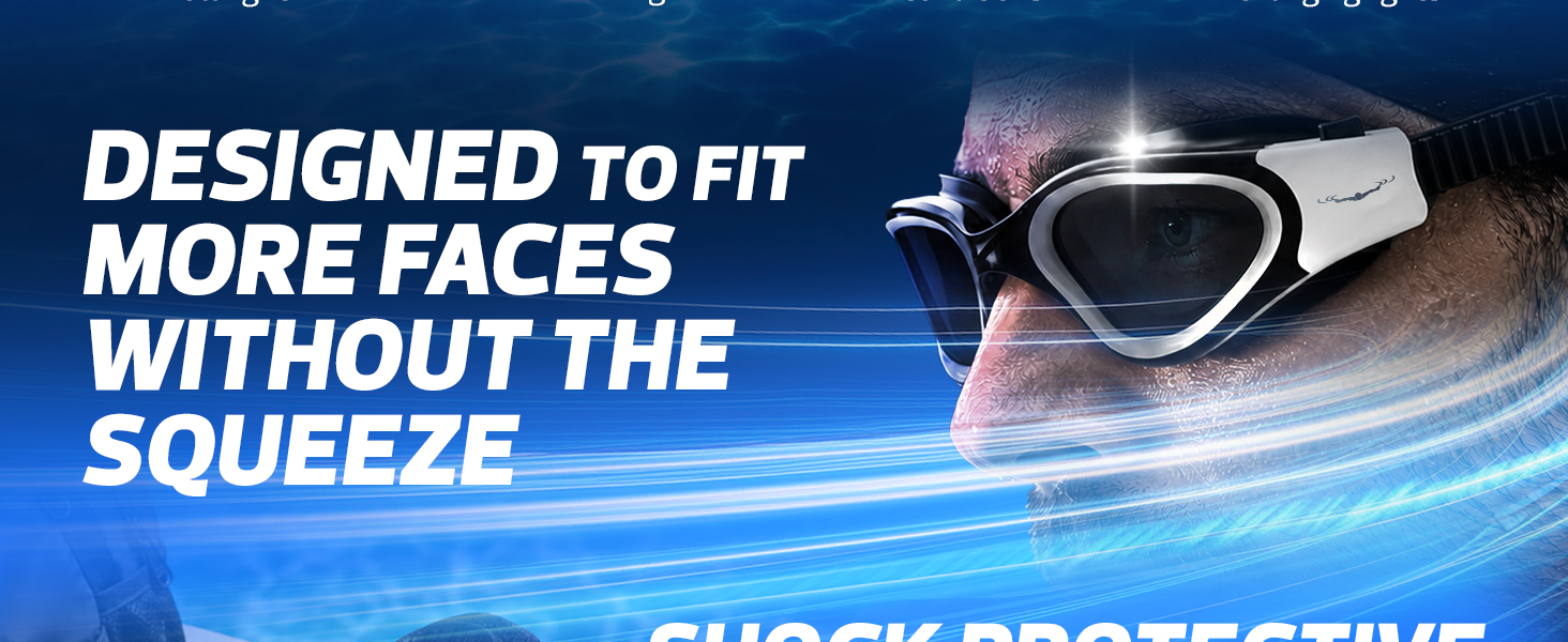 Text reads 'DESIGNED TO FIT MORE FACES WITHOUT THE SQUEEZE'. Blue banner with white italicized text and partial image of product with heart-shaped design element.