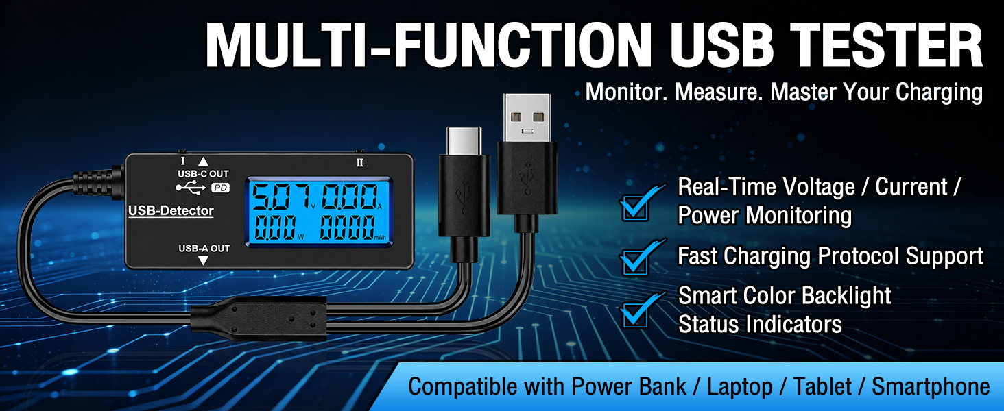 USB Tester USB Power Meter, USB Cable Tester & Voltage Meter with Type-C, DC 0-5A Digital Multimeter