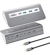 Silver aluminum USB hub dock with multiple ports including USB and card readers, shown from two angles with connecting cable.