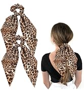 Leopard Hair Scarf Scrunchies for Women - 2Pcs Bow Scrunchies Knotted Bow Hair Ties Long Elastic ...