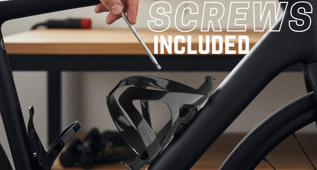 Bare hands mounting a black bottle cage with included screws in a garage bottle sliding in.