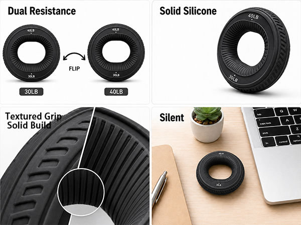 Grip rings flipping 30LB to 40LB, a solid silicone ring, close-up grip texture,and a ring on a desk