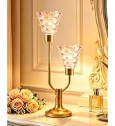 TECHYAP Mid Century Modern Table Lamp Dimmable Vintage Pink Glass Lamp | Nightstand Lamp Gold Des...