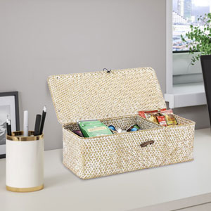 Seagrass Storage Basket Bin Hand-Woven Wicker Basket with Lid Bathroom Basket Tissue Toilet Paper