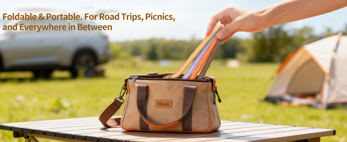 Packing foldable silicone straws in a travel bag for camping, picnics, and road trips.