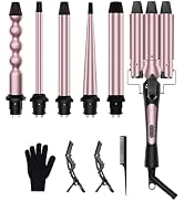 6 in 1 Curling Iron, Curling Wand Set with 3 Barrel Curling Iron and 5 Interchangeable Ceramic Cu...