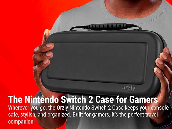 A man holding an Orzly Nintendo Switch 2 Case that can hold your Switch 2 and Switch 2 accessories