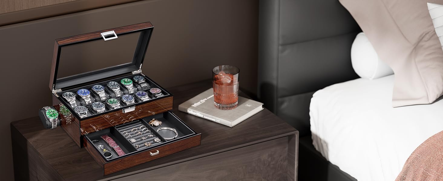 High-End Watch Box, 12-Slot Watch Case with Large Glass Lid, 2-Layer Wooden Watch Box for Men