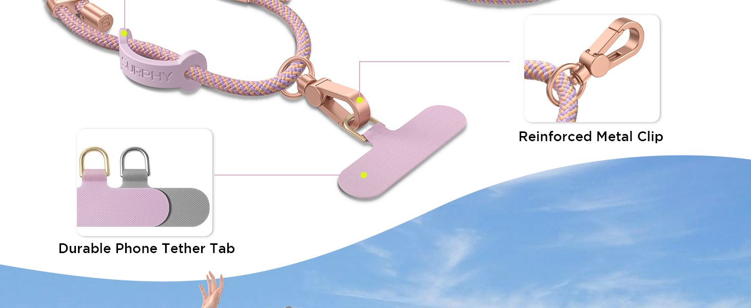 Phone tether with pink cord, metal clip, and plastic tab. Features durable construction and reinforced metal clip for secure attachment to devices.