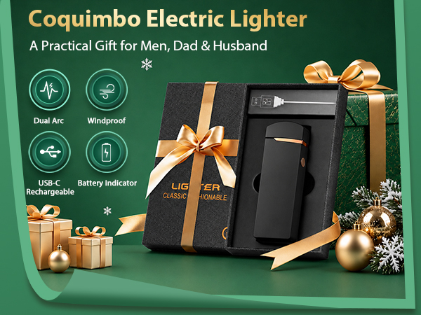 Text reads 'Coquimbo Electric Lighter' and 'A Practical Gift for Men, Dad & Husband'. Black electric lighter with gift box, orange ribbon, and feature icons on green holiday-themed background.