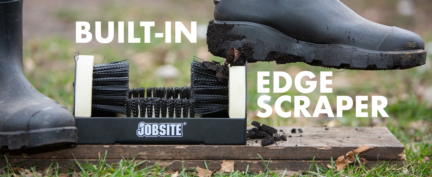 Person scraping mud off boots. Text reads "Built-in edge scraper"
