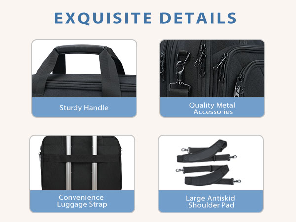 sturdy handle,quality metal accessories, luggage strap,antiskid shoulder pad
