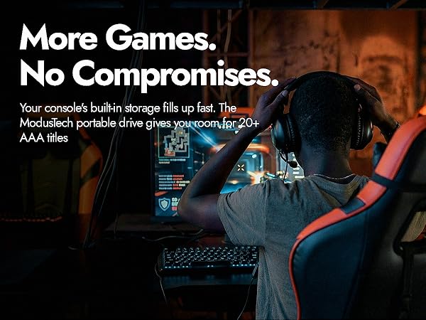 Gamer at desk wearing headphones playing console game with ModusTech Facet drive for game storage