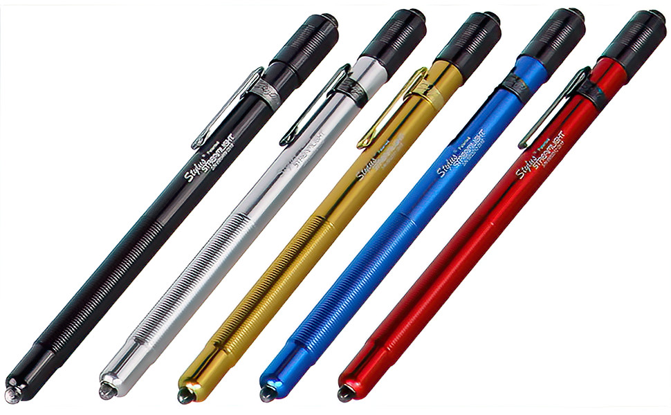 Streamlight Stylus Penlights lined up: Black, Silver, Gold, Blue, and Red