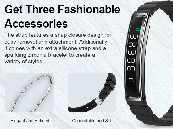 Text reads 'Get Three Fashionable Accessories'. Multiple views of digital wristbands with LED displays, showing black and white strap options.