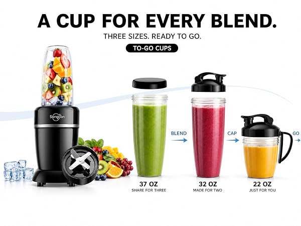 Sangcon blender includes 37 oz, 32 oz and 22 oz cups for sharing or taking drinks on the go.