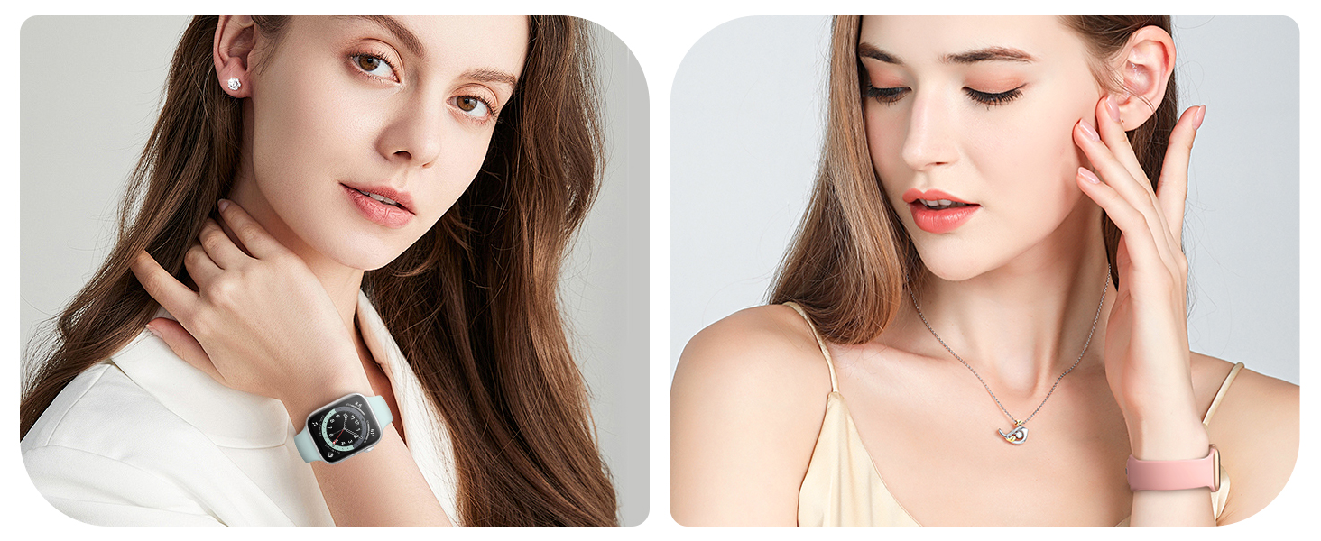 a model with long brown hair and a gold dress
