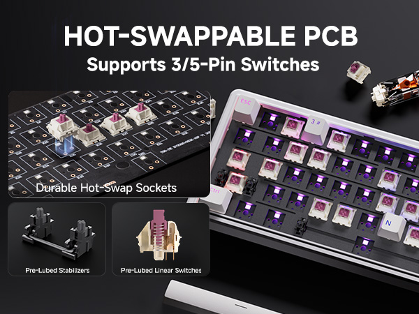 Text reads 'HOT-SWAPPABLE PCB Supports 3/5-Pin Switches'. Circuit board images showing electronic component layout and LED illumination patterns.