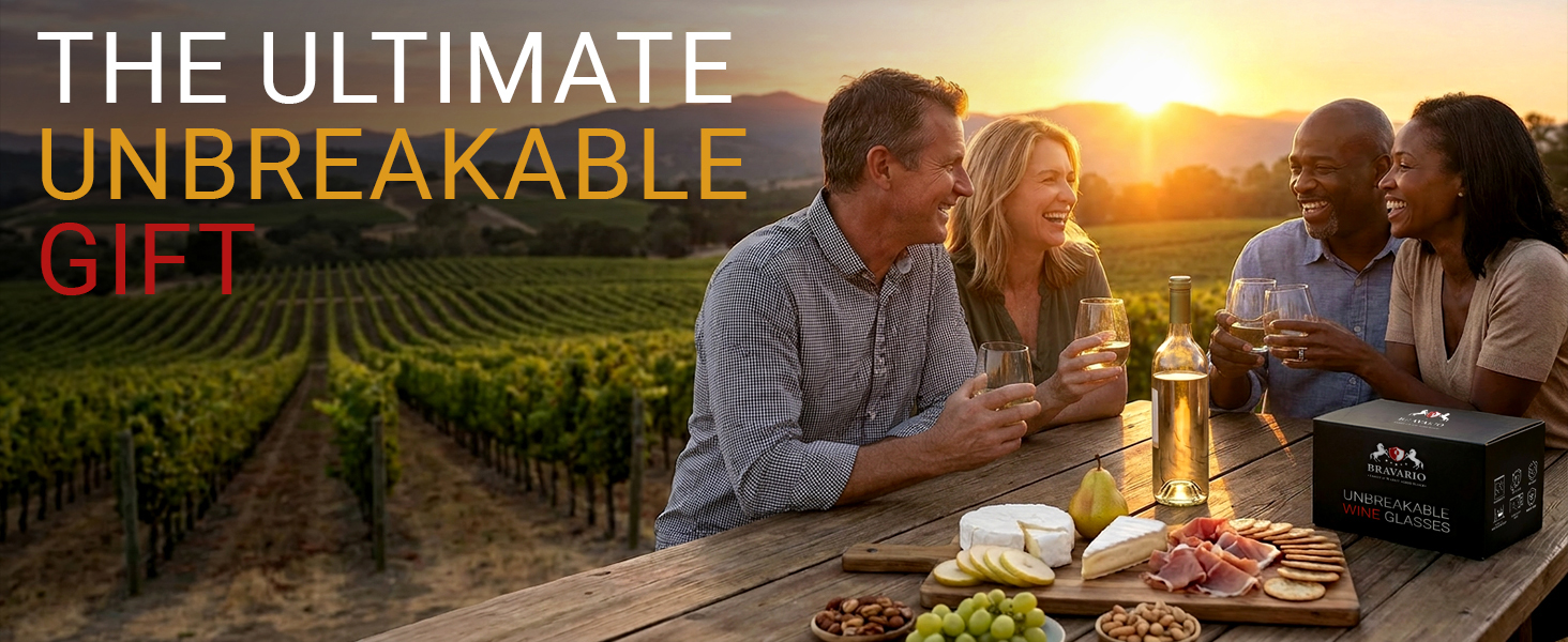 Friends celebrating with a stemless wine glasses set 4 gift at a vineyard picnic at sunset.