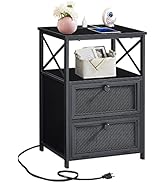VECELO Black End Table with USB Ports and Outlets,24 Inch Nightstands with Charging Station and S...