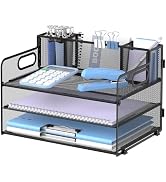 SUPEASY 3 Tier Desk Organizer with Handle & 3 Pen Holders, Mesh Paper/File Organizer for Desk, Pa...
