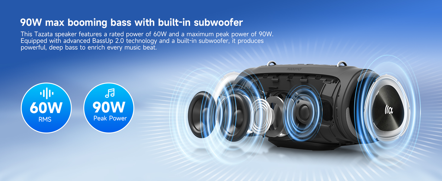 Portable Outdoor Bluetooth Speaker 90W Peak Power Built-in Subwoofer Booming Bass