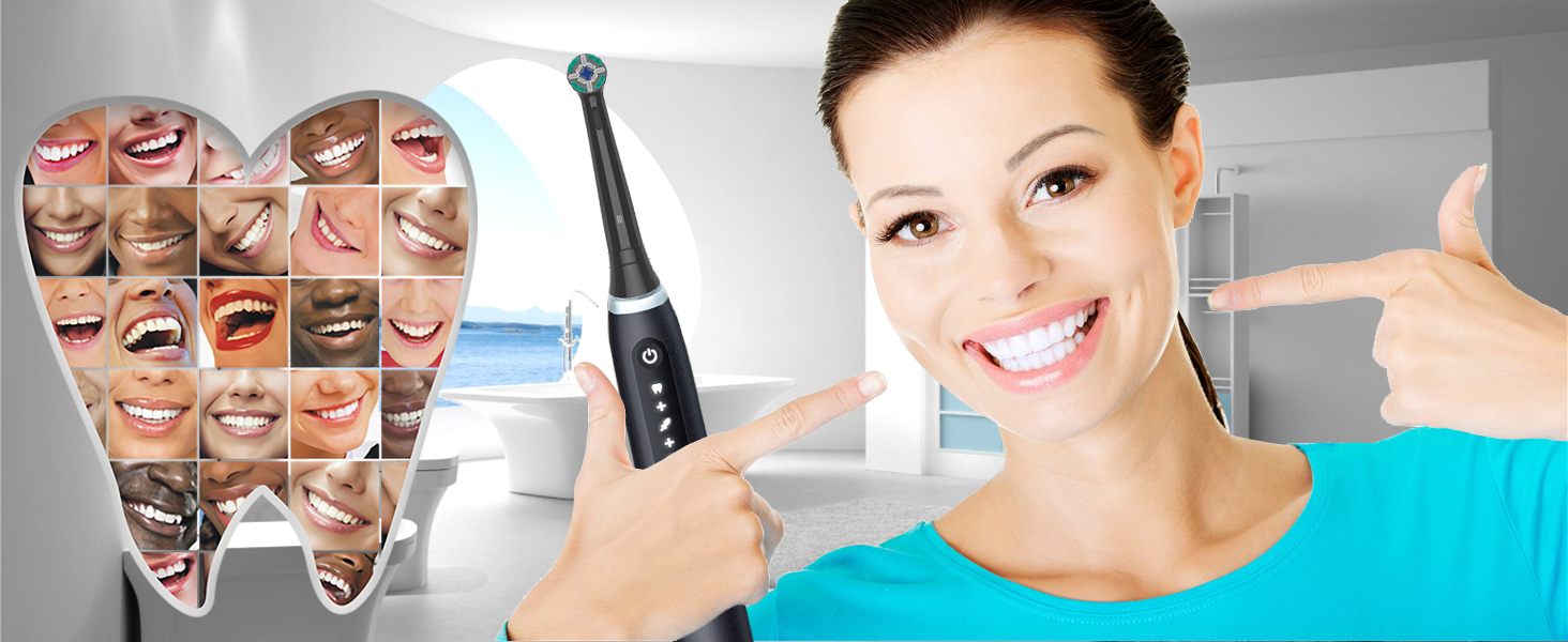Electric toothbrush with various dental images, showcasing different teeth and smile conditions. Person pointing to toothbrush and smiling, demonstrating dental care.