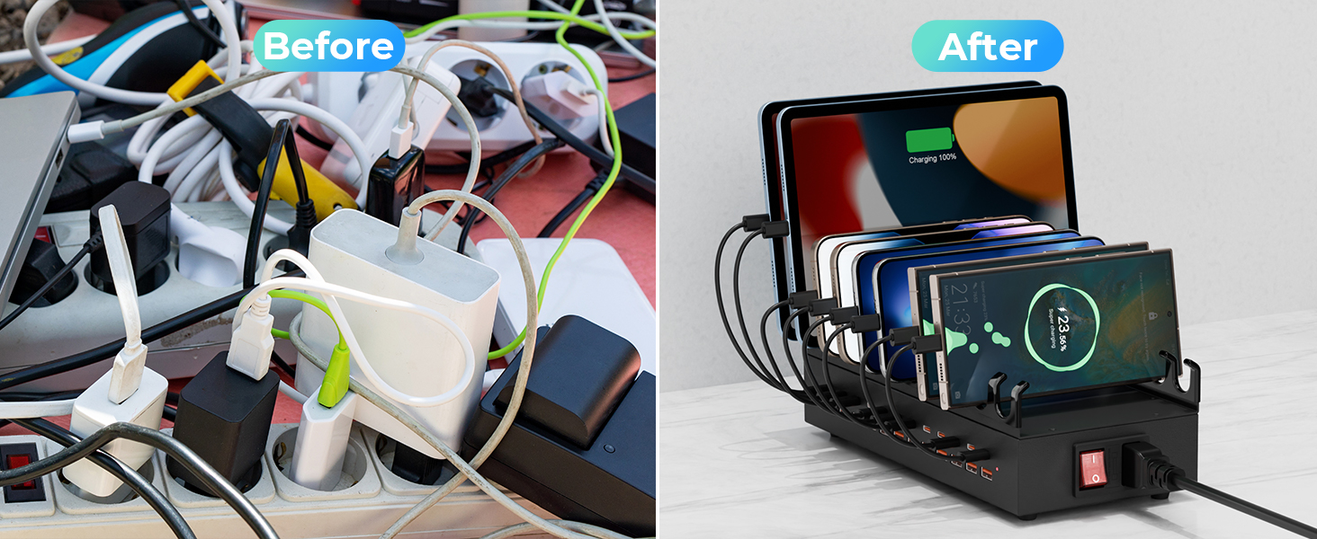 USB Charging Station, 24 Port Fast Charging Station for Multiple Devices USB C Charger Block