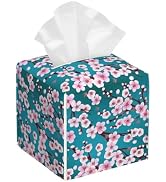 Pink Cherry Flowers Tissue Box Cover Square,Plum Leather Tissue Holder with Bottom Belt,Waterproo...