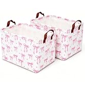 Ehigta 2PC 22L pink bow storage basket made of waterproof canvas, collapsible and sturdy. Great f...