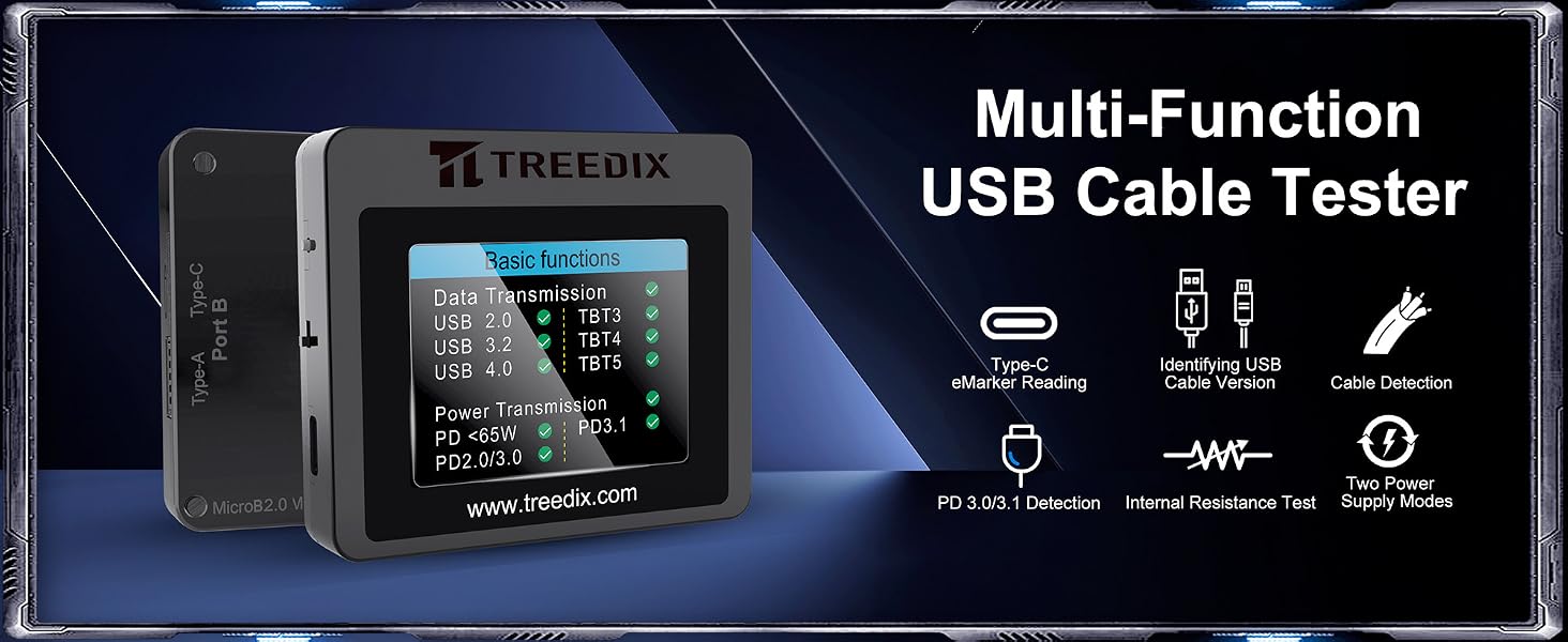 Text reads 'Multi-Function USB Cable Tester'. Device features digital display screen, multiple USB port testing capabilities, and compact black design with blue accents for testing connectivity.