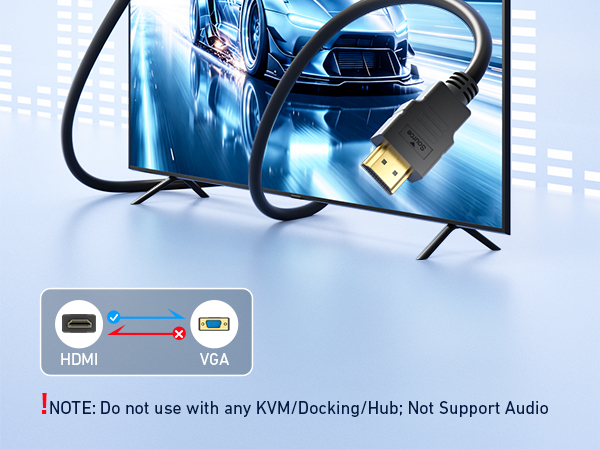 Text reads 'NOTE: Do not use with any KVM Docking Hub. Not Support Audio.' Blue HDMI/USB cable connector device displayed against light blue background.