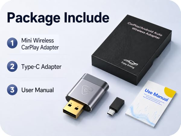 Gleefulia wireless CarPlay adapter package includes mini adapter, Type-C adapter and user manual