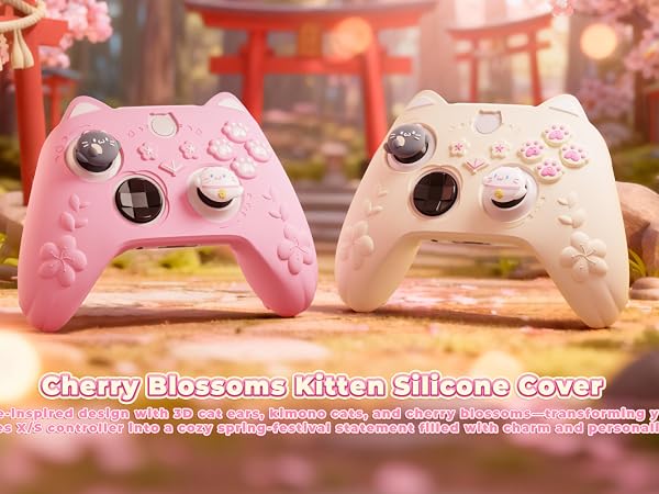 PlayVital Cute Silicone Controller Skin for Xbox Series X/S-Cherry Blossoms Kitten