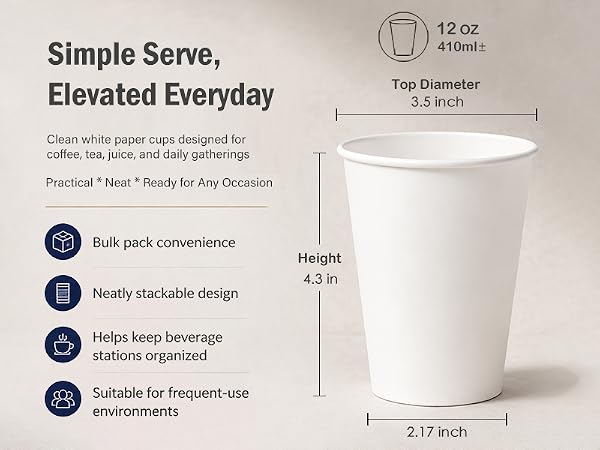 12 oz Disposable Paper Coffee Cups, 100 Count – Leak-Resistant White Cups for Hot & Cold Drinks