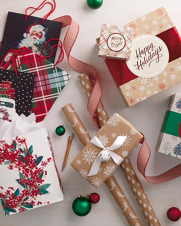 Rustic Christmas gift bags and kraft wrapping paper with boxes