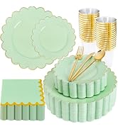 LIYH 210 Pcs Sage Green Plastic Disposable Scalloped Party Plates - Green Plates and Napkins Incl...
