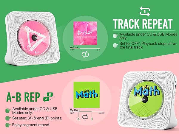 CD player with A-B repeat for language learning, math audio and track repeat for music