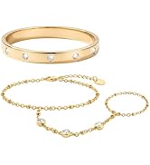 ZJO 14K Gold-Plated Hand Chain Bracelet Set for Women, Dainty Ring Bracelet and Matching Cuff Ban...