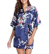 Vlazom Womens Kimono Robes Dressing Gown Satin Bathrobe Nightdress Short Style Bridal Robe