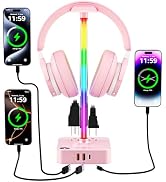 cozoo Gifts for Teen Girls Cute Pink RGB Headphone Stand & Charging Station, 3 USB 2 AC Outlets -...
