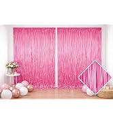 2 Pack Pink Metallic Foil Fringe Curtain Backdrop Streamers Tinsel 3.2ft x 6.4ft. Party Decoratio...