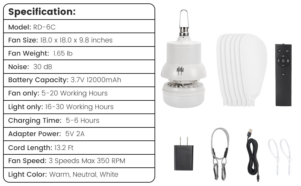 Roodike Rechargeable small ceiling fan light RD-6C